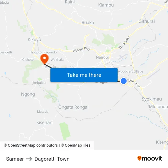 Sameer to Dagoretti Town map