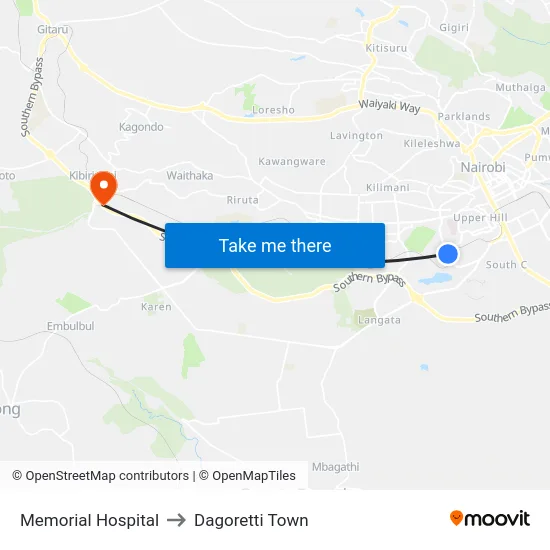 Memorial Hospital to Dagoretti Town map