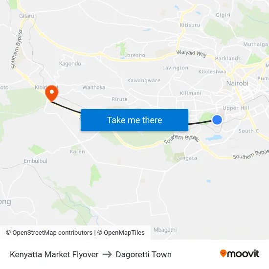 Kenyatta Market Flyover to Dagoretti Town map