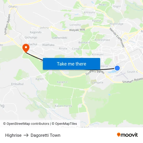 Highrise to Dagoretti Town map