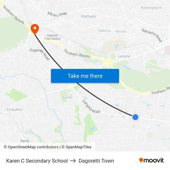 Karen C Secondary School to Dagoretti Town map
