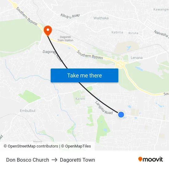Don Bosco Church to Dagoretti Town map