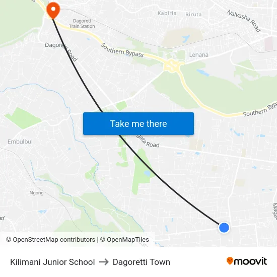 Kilimani Junior School to Dagoretti Town map