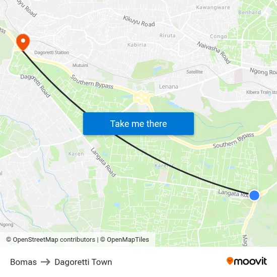 Bomas to Dagoretti Town map