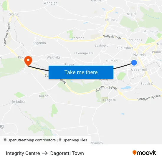 Integrity Centre to Dagoretti Town map