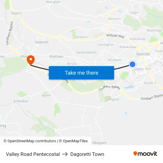 Valley Road Pentecostal to Dagoretti Town map