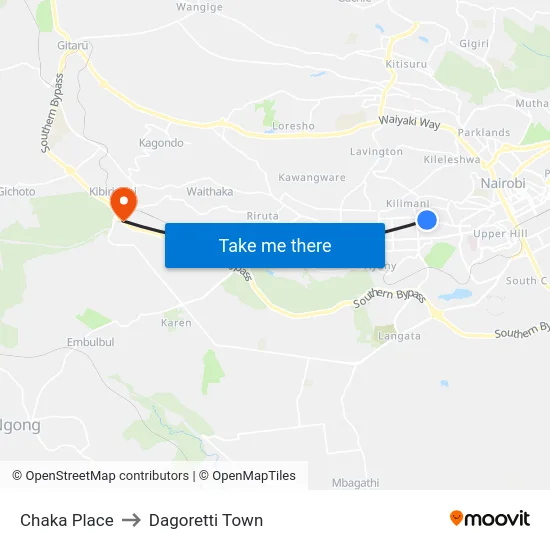Chaka Place to Dagoretti Town map