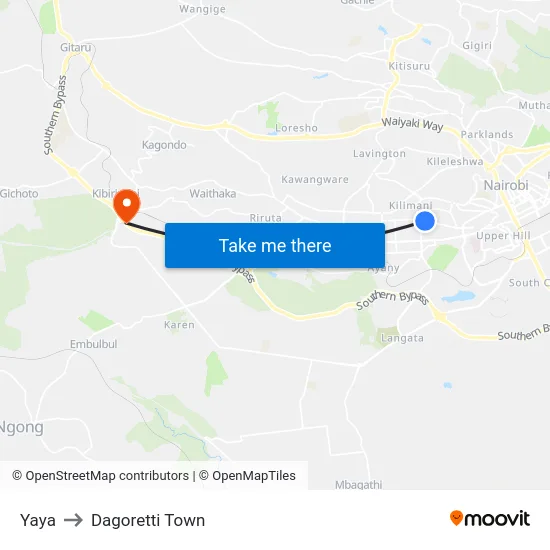 Yaya to Dagoretti Town map