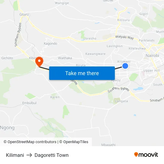 Kilimani to Dagoretti Town map