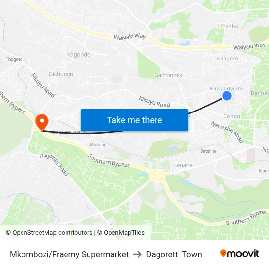 Mkombozi/Fraemy Supermarket to Dagoretti Town map