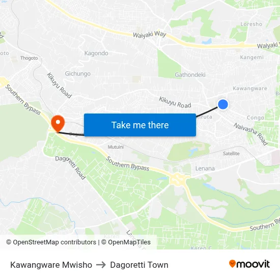 Kawangware Mwisho to Dagoretti Town map