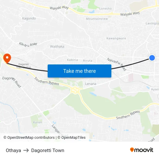 Othaya to Dagoretti Town map