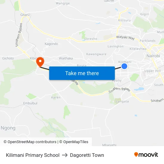 Kilimani Primary School to Dagoretti Town map