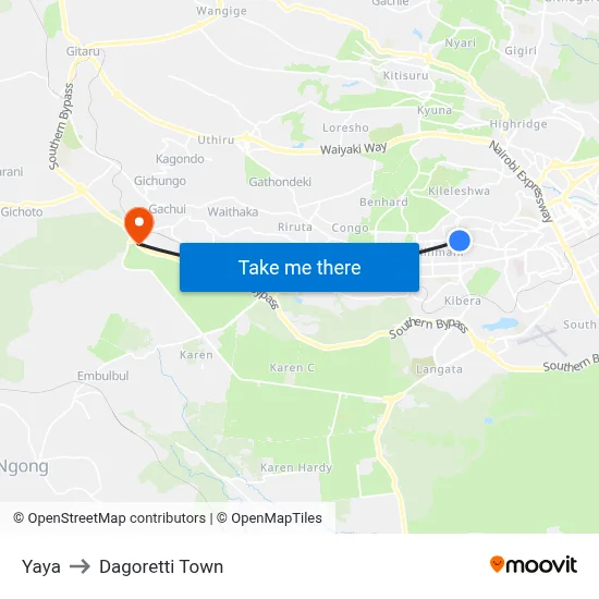 Yaya to Dagoretti Town map