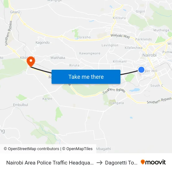 Nairobi Area Police Traffic Headquarters to Dagoretti Town map
