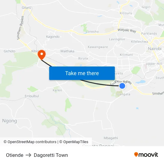 Otiende to Dagoretti Town map
