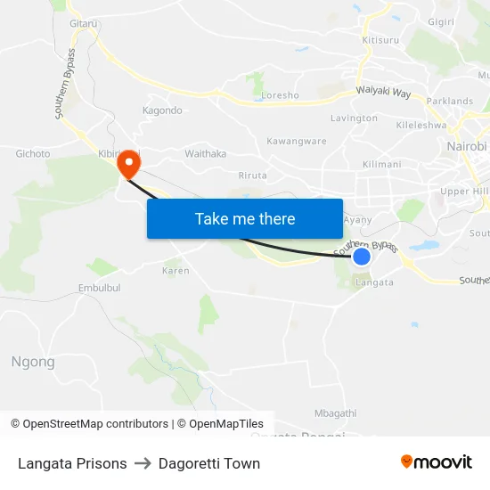 Langata Prisons to Dagoretti Town map