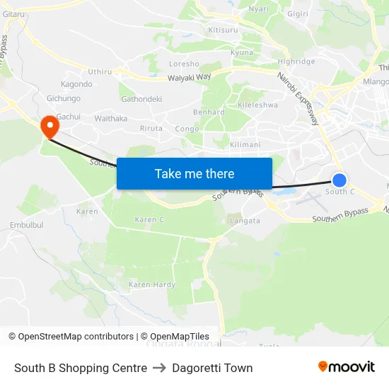 South B Shopping Centre to Dagoretti Town map