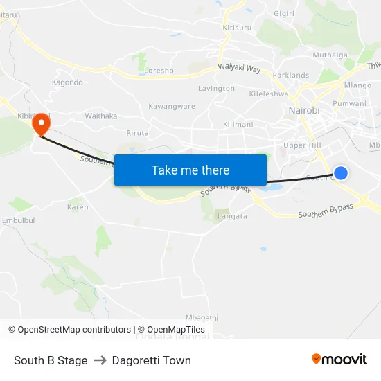 South B Stage to Dagoretti Town map
