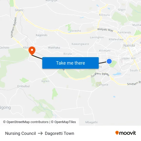 Nursing Council to Dagoretti Town map