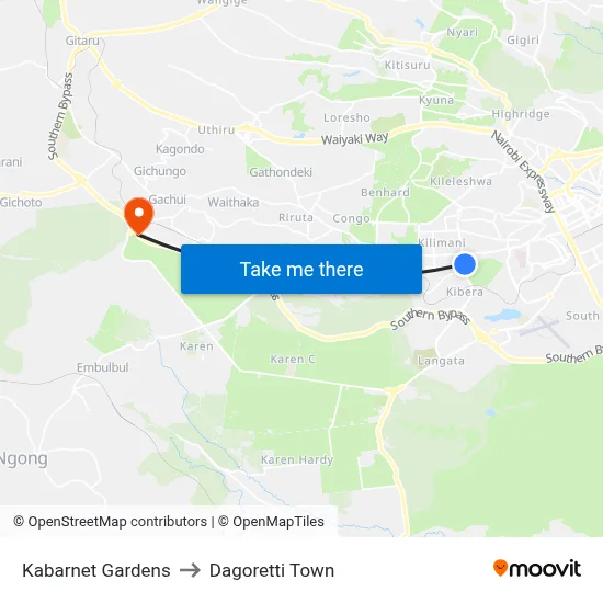 Kabarnet Gardens to Dagoretti Town map