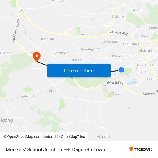 Moi Girls' School Junction to Dagoretti Town map