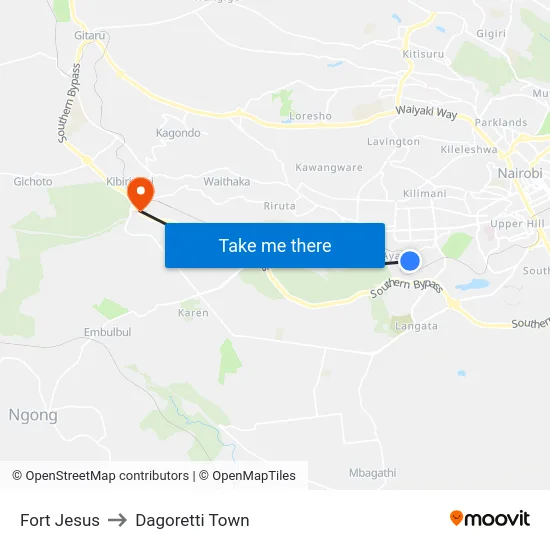 Fort Jesus to Dagoretti Town map