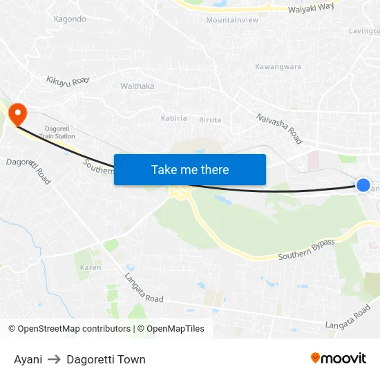 Ayani to Dagoretti Town map