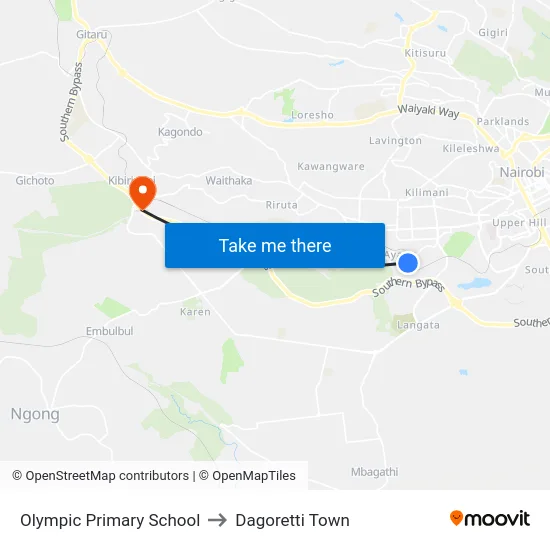 Olympic Primary School to Dagoretti Town map
