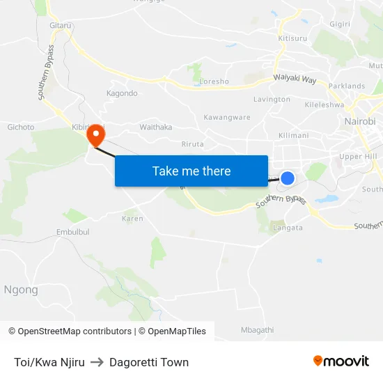 Toi/Kwa Njiru to Dagoretti Town map