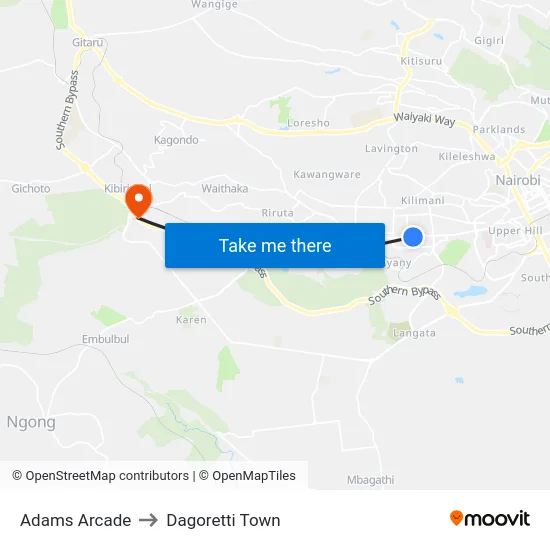 Adams Arcade to Dagoretti Town map
