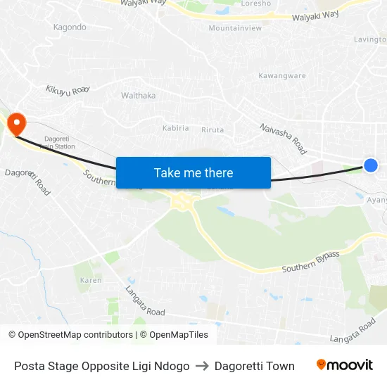 Posta Stage Opposite Ligi Ndogo to Dagoretti Town map