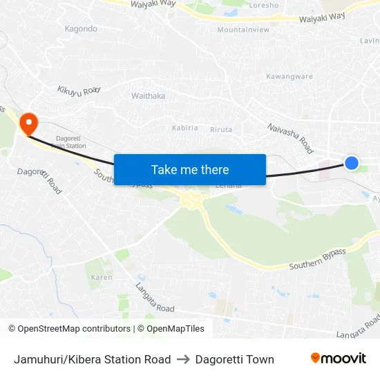 Jamuhuri/Kibera Station Road to Dagoretti Town map