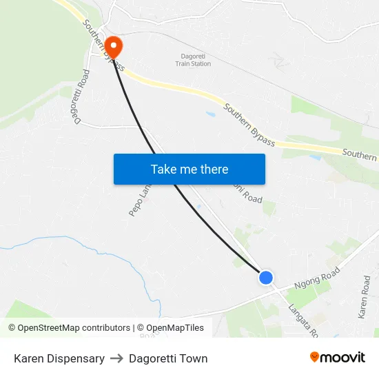 Karen Dispensary to Dagoretti Town map