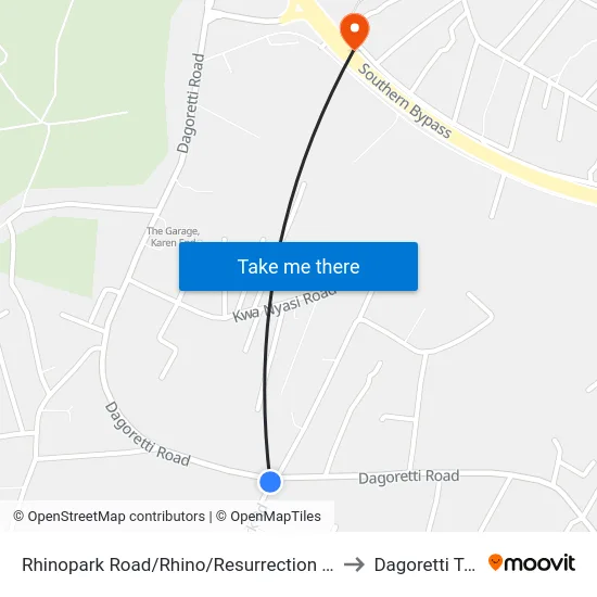Rhinopark Road/Rhino/Resurrection Gardens to Dagoretti Town map