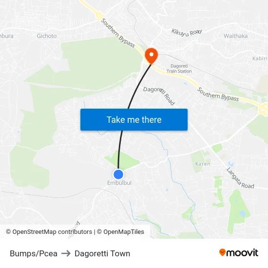 Bumps/Pcea to Dagoretti Town map
