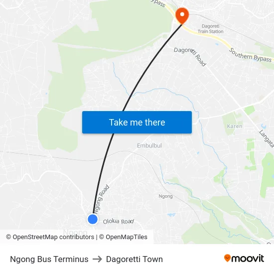 Ngong Bus Terminus to Dagoretti Town map