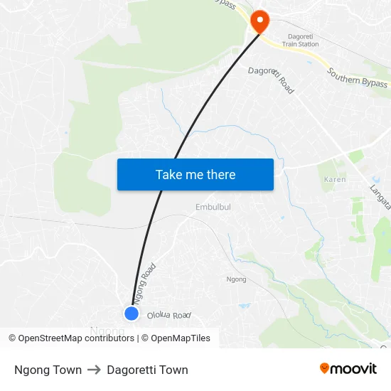 Ngong Town to Dagoretti Town map