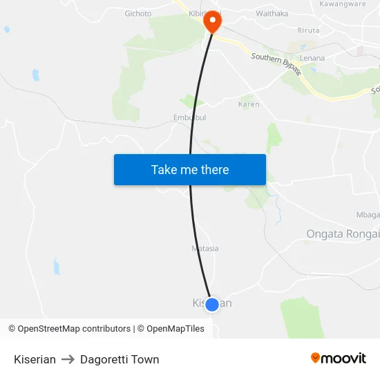 Kiserian to Dagoretti Town map