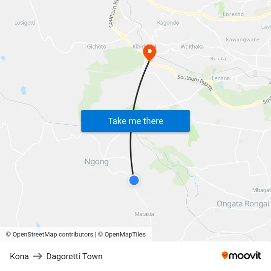 Kona to Dagoretti Town map