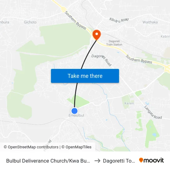Bulbul Deliverance Church/Kwa Bumps to Dagoretti Town map