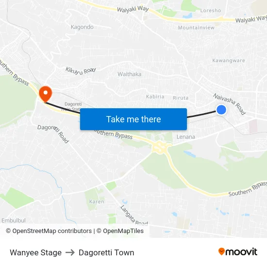 Wanyee Stage to Dagoretti Town map