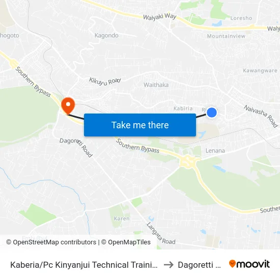 Kaberia/Pc Kinyanjui Technical Training Institute to Dagoretti Town map