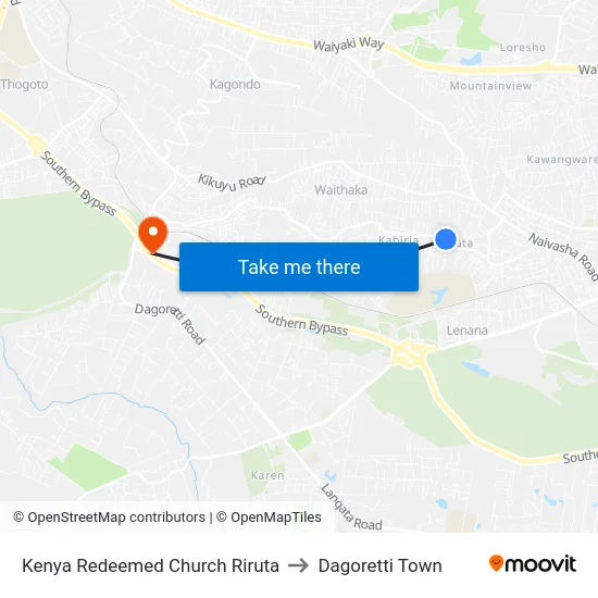 Kenya Redeemed Church Riruta to Dagoretti Town map