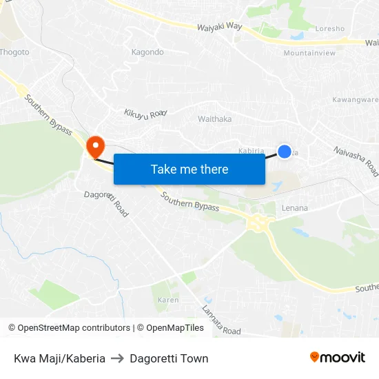 Kwa Maji/Kaberia to Dagoretti Town map