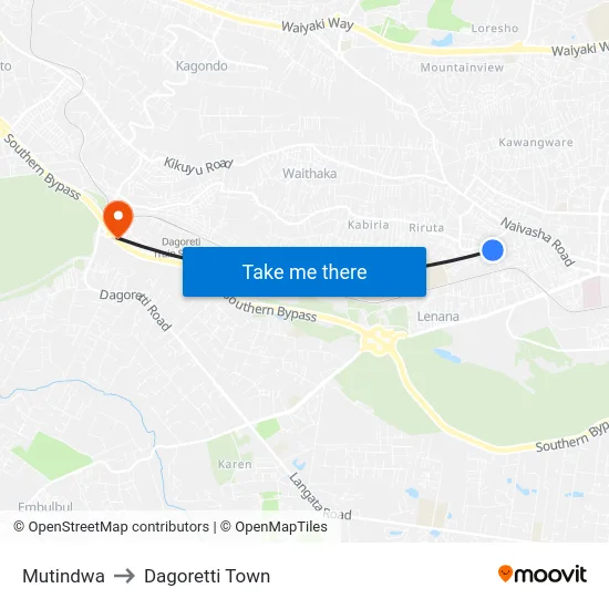 Mutindwa to Dagoretti Town map