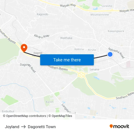 Joyland to Dagoretti Town map