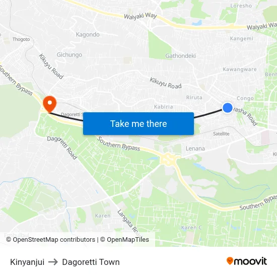 Kinyanjui to Dagoretti Town map