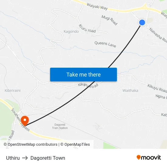 Uthiru to Dagoretti Town map