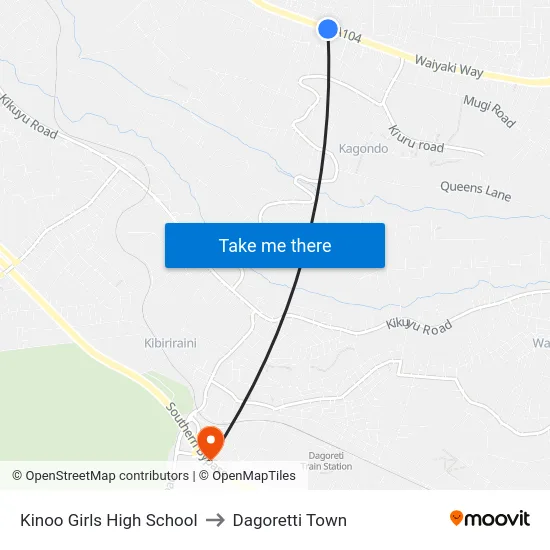Kinoo Girls High School to Dagoretti Town map